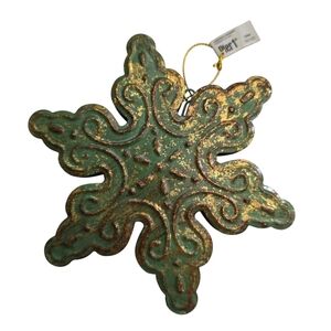 Pier 1 Green Gold Snowflake Ornaments Set of 4 Rustic Vintage Christmas Decor
